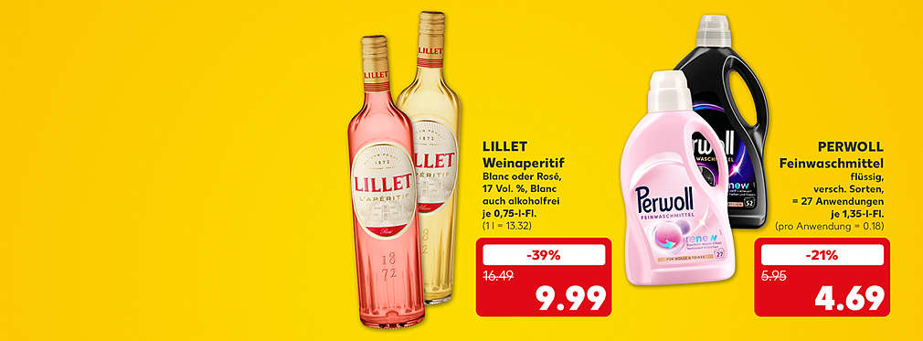 Lillet Weinaperitif, 17 Vol. %, Blanc, auch alkoholfrei, je 0,75-l-Flasche für 9.99 Euro (1 l = 13.32); Perwoll Feinwaschmittel, versch. Sorten, = 27 Anwendungen, je 1,35-l-Flasche für 4.69 Euro (pro Anwendung = 0.18)