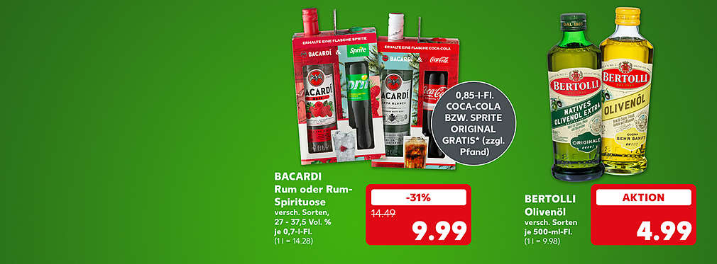 Bacardi Rum oder Rum-Spirituose, versch. Sorten, 27 - 37,5 Vol. %, je 0,7-l-Flasche für 9.99 Euro (1 l = 14.28); Störer: 0,85-l-Flasche Coca-Cola bzw. Sprite Original gratis* (zzgl. Pfand); Bertolli Olivenöl, versch. Sorten, je 500-ml-Flasche für 4.99 Euro (1 l = 9.98)  