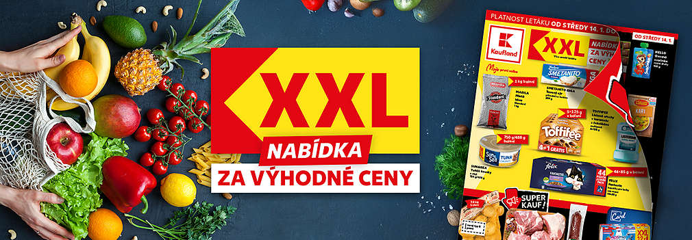 aktuální akční leták, okolo logo XXL a taška s čerstvou zeleninou