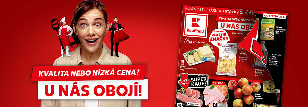 Aktuální akční leták na červeném podkladu. Vedle žena, která má na ramenou zmenšení lidi.