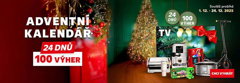 vánoční dárky, poukázka na nákup, stromeček a text: Adventní kalendář 24 dnů, 100 výher