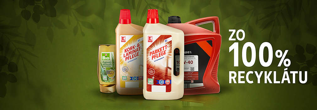 Rozličné produkty našich vlastných značiek, ktorých obaly obsahujú 100 % recyklátu