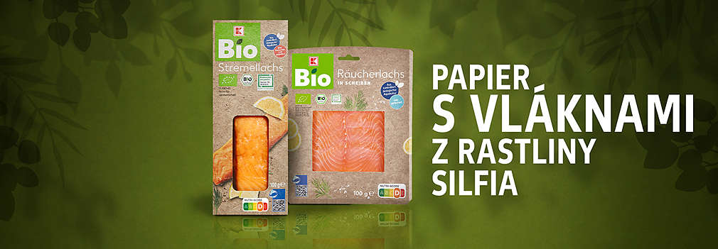 Dva K-Bio produkty, ktorých obaly obsahujú vlákna z rastliny Silfia