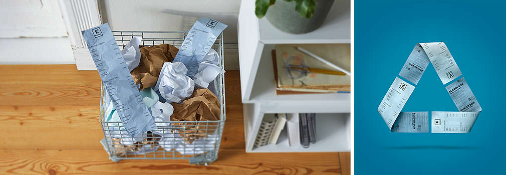 Links: Korb mit Altpapier; Rechts: Kaufland-Kassenbons, die das Recyclingsymbol bilden