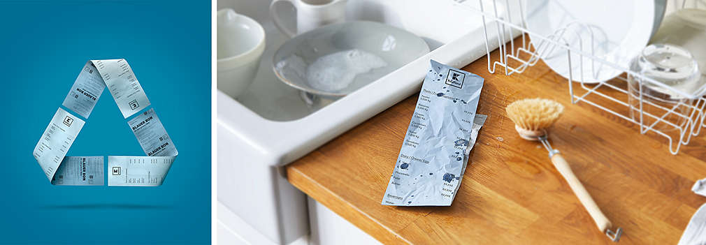 Namočená modrá účtenka na kuchyňské lince