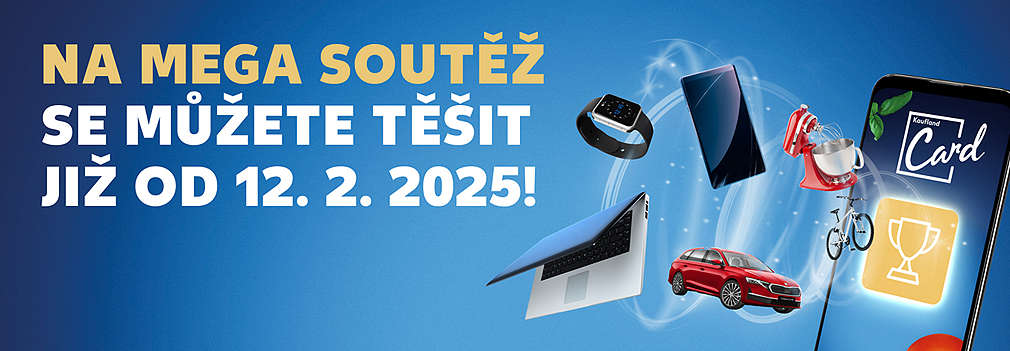 Na novou mega soutěž se můžete těšit od 12. 2. 2025 (mobilní telefon s aplikací Kaufland, tornádo výher: auto, počítač, mobil, hodinky, ...)