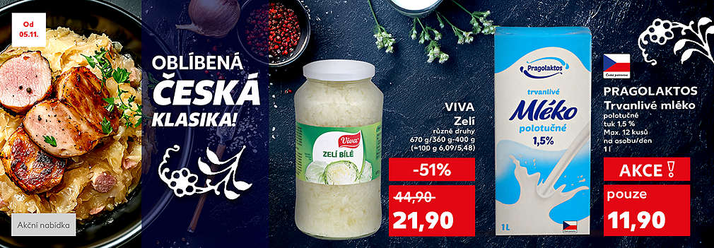 Oblíbená česká klasika: Pragolaktos trvanlivé mléko 1,5% tuku 1L za 11,90 / VIVA Zelí bílé 670 g/400 g za 21,90