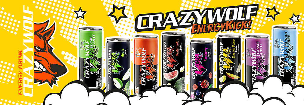 logo Crazy Wolf a různé příchutě nápojů Crazy Wolf