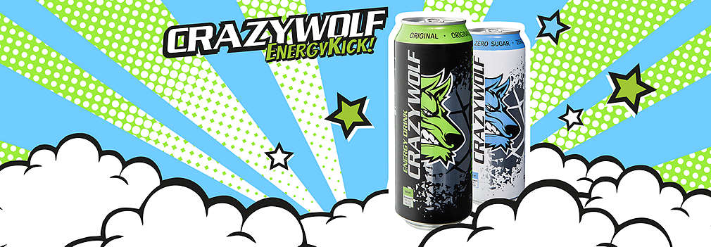 Produktabbildungen: CRAZY WOLF Energydrink, Sorten Ginseng & Guarana Original und Ginseng & Guarana Zero; Logo: CRAZY WOLF; daneben: blau-grüne Wolken, Sterne und Strahlen; Schriftzug: Energy Kick