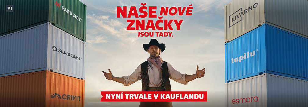 Kovboj uprostřed kontejnerů s novými značkami v Kauflandu (Crivit, Lupilu, Esmara, Livrano, Silvercrest)