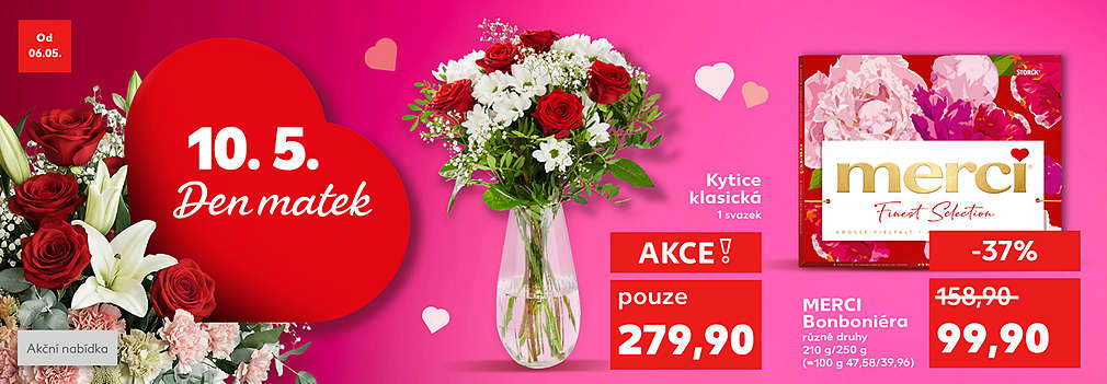 Den matek: Merci Bonboniéra různé druhy 210 g/250 g se slevou -37 % za 99,90 Kč a Kytice klasická 1 svazek v akci pouze za 279,90 Kč