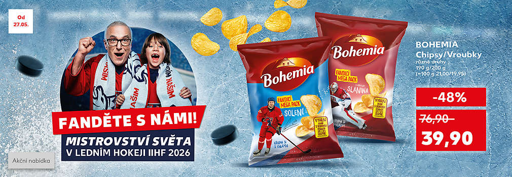 Fanděte s námi hokeji: Bohemia Chipsy/Vroubky různé druhy 190 g/200 g se slevou -48 % za 39,90 Kč