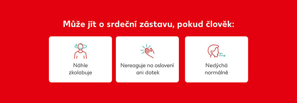 infografika AEG: může jít o srdeční zástavu pokud člověk náhla kolabuje, nereaguje na oslovení, dotek, nedýchá normálně