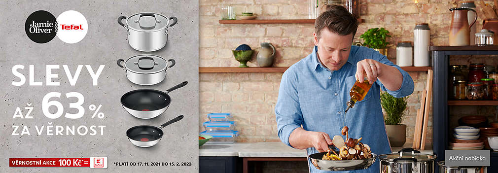Jamie Oliver v kuchyni a Tefal pánve a hrnce