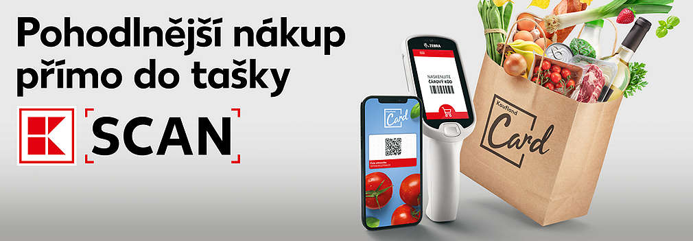 K-Scan Pohodlnější nákup přímo do tašky - mobil s Kaufland card, ruční skener, papírová taška s nákupem