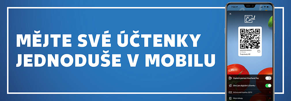Mobilní telefon, aplikace Kaufland Card, QR kód, digitální účtenka