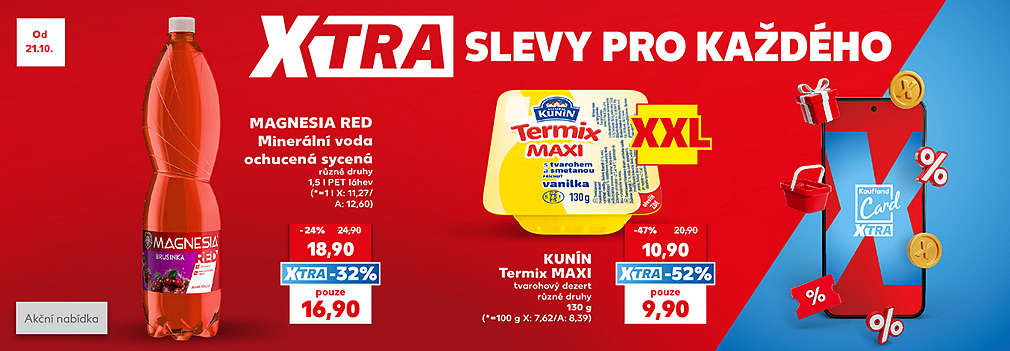 XTRA akční nabídka: Kunín termix maxi různé druhy se slevou Kaufland Card XTRA -52 % za 9,90 Kč a Magnesia Red ochucená voda se slevou s Kaufland Card XTRA -32 % za 16,90 Kč