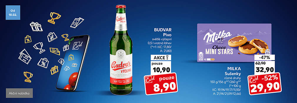 Kaufland Card nabídka: Milka Sušenky různé druhy 150 g/156 g JVP/260 g JVP se slevou s Kaufland Card -52 % za 29,90 Kč a  Budvar Pivo světlé výčepní 0,5 l vratná láhev v akci s Kaufland Card pouze za 8,90 Kč