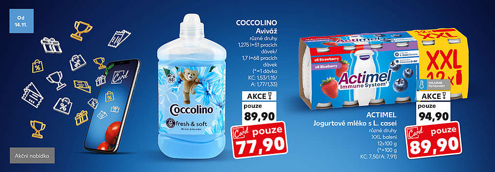 Actimel Jogurtové mléko s L. casei různé druhy XXL balení 12x100 g v akci s Kaufland Card pouze za 89,90 Kč a Coccolino Aviváž různé druhy 1,275 l=51 pracích dávek/1,7 l=68 pracích dávek v akci s Kaufland Card pouze za 77,90 Kč