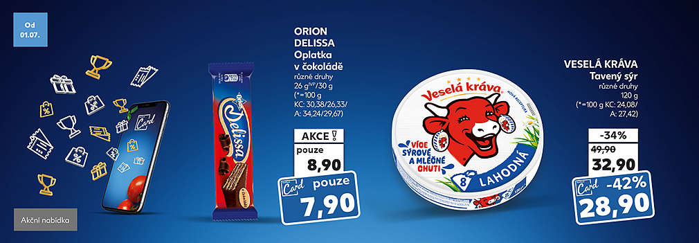 Kaufland Card nabídka: Veselá kráva Tavený sýr různé druhy 120 g se slevou s Kaufland Card -42 % za 28,90 Kč a ORION DELISSA Oplatka v čokoládě různé druhy v akci s Kaufland Card pouze za 7,90 Kč