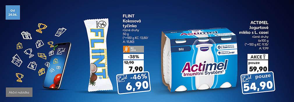 Kaufland Card nabídka: Actimel Jogurtové mléko s L. casei různé druhy 6x100 g v akci s Kaufland Card pouze za 54,90 Kč a Kokosová tyčinka různé druhy 50 g bezlepková se slevou -46 % za 6,90 Kč