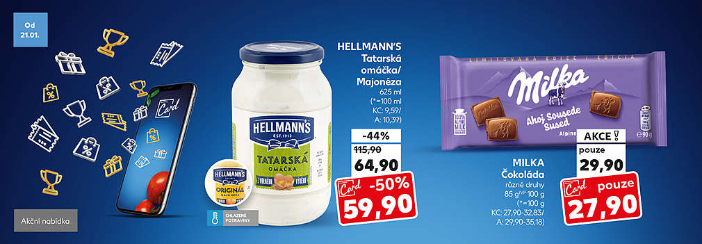 Kaufland Card nabídka: Hellmann´s Tatarská omáčka/Majonéza 625 ml se slevou s Kaufland Card -50 % za 59,90 Kč a Milka Čokoláda různé druhy v akci s Kaufland Card pouze za 27,90 Kč