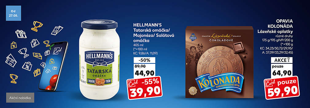 Kaufland Card nabídka: Opavia Kolonáda Lázeňské oplatky různé druhy 175 g/195 g JVP/200 g v akci s Kaufland Card pouze za 59,90 Kč a Hellmann´s Tatarská omáčka/Majonéza/Salátová omáčka 405 ml v akci s Kaufland Card pouze za 39,90 Kč