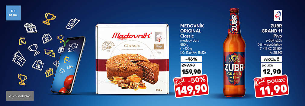 Kaufland Card nabídka: Medovník original Classic medový dort 850 g se slevou s Kaufland Card - 50 % za 149,90 Kč a Zubr Grand 11 Pivo světlý ležák 0,5 l vratná láhev v akci s Kaufland Card pouze za 11,90 Kč