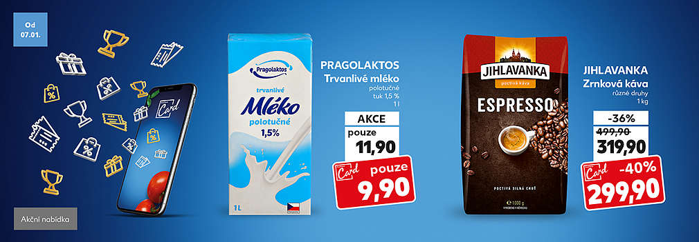 Nabídka Kaufland Card: Pragolaktos Trvanlivé mléko polotučné v akci s Kaufland Card pouze za 9,90 Kč a Jihlavanka Zrnková káva různé druhy se slevou s Kaufland Card -40 % za 299,90 Kč