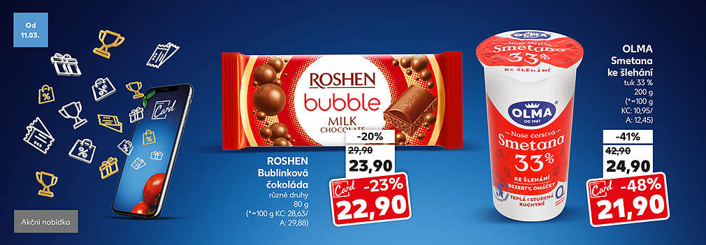 Kaufland Card nabídka: Olma smetana ke šleháni tuk 33 % 200 g se slevou s Kaufland Card -48 % za 21,90 Kč a Roshen čokoláda různé druhy 80 g se slevou s Kaufland Card -23 % za 22,90 Kč