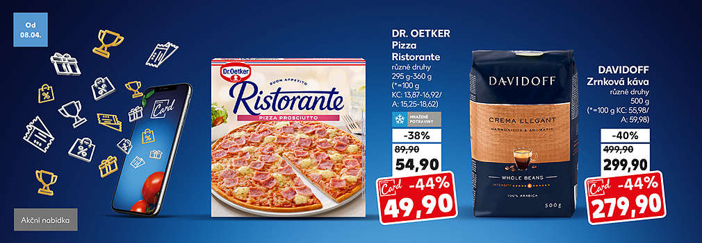 Kaufland Card nabídka: Dr. Oetker Pizza Ristorante různé druhy 295 g-360 g se slevou s Kaufland Card -44% za 49,90 Kč a Davidoff Zrnková káva různé druhy 500 g se slevou -44% za 279,90 Kč