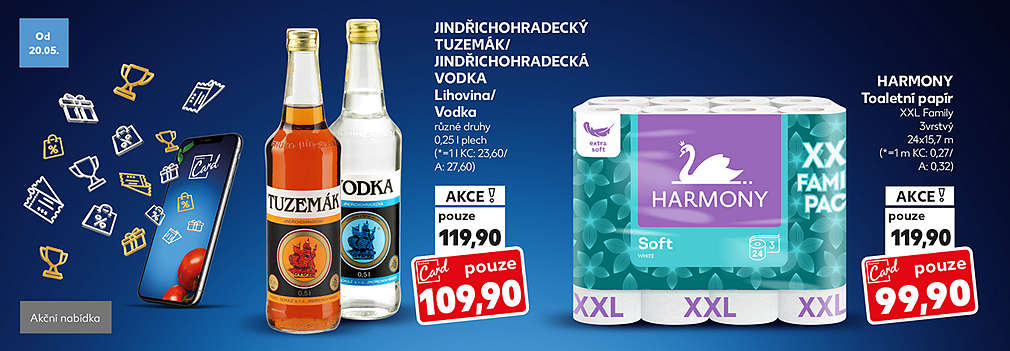 Kaufland Card nabídka: Jindřichohradecký Tuzemák/Jindřichohradecká Vodka Lihovina/Vodka 37,5% 0,5 l láhev v akci s Kaufland Card pouze za 109,90 Kč a Harmony Toaletní papír XXL Family 3vrstvý 24x15,7 m v akci s Kaufland Card pouze za 99,90 Kč