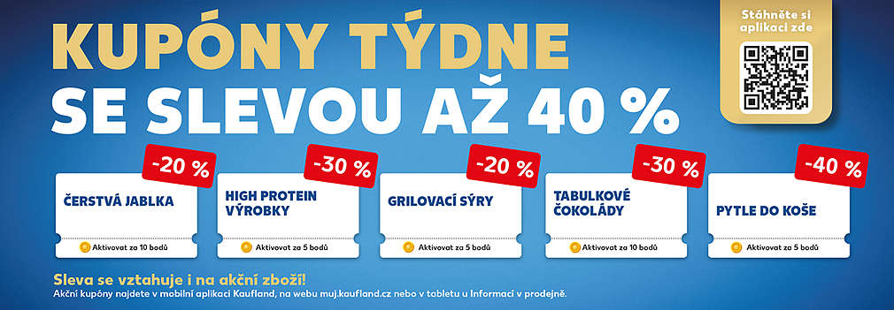 Akční kupóny za body v aplikaci Kaufland Card se slevou až 40% (čerstvá jablka, high protejny, grilovací sýry, čokolády, pytle do koše)