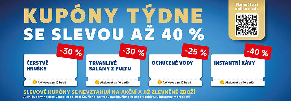 Akční kupóny za body v aplikaci Kaufland Card se slevou až 40% (čerstvé hrušky, trvanlivé salámy, ochucené vody, instantní kávy)
