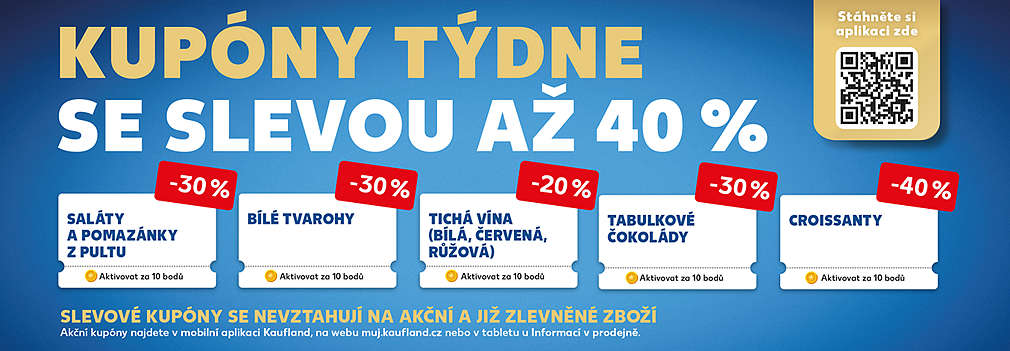 Akční kupóny za body v aplikaci Kaufland Card se slevou až 40% (saláty, pomazánky, bílé tvarohy, tichá vína, čokolády, croissanty)