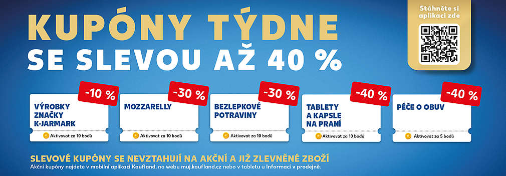 Akční kupóny za body v aplikaci Kaufland Card se slevou až 40% (výrobky značky K-Jarmark, mozzarelly,bezlepkové potraviny a další)