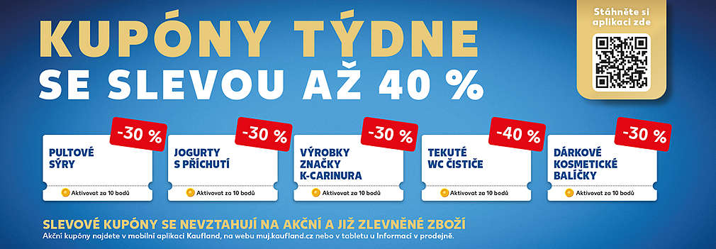 Akční kupóny za body v aplikaci Kaufland Card se slevou až 40% (pultové sýry, jogurty,výrobky K-Carinura a další))