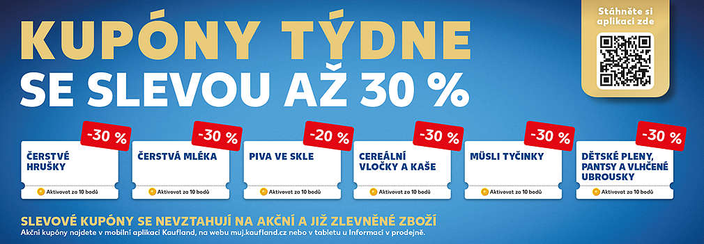Akční kupóny za body v aplikaci Kaufland Card se slevou až 40% (čerstvé hrušky, mléka, piva ve skle a další))