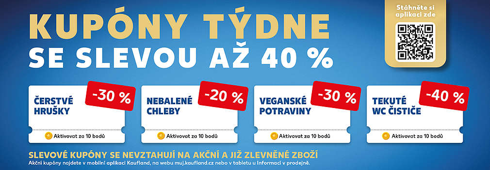 Kupóny týdne se slevou až 40 % (čerstvé hrušky, nebalené chleby, veganské potraviny, tekuté wc čističe) - slevové kupóny se nevztahují na akční a již zlevněné zboží