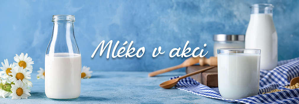 mléko ve skleničce a v lahvi, text: Mléko v akci