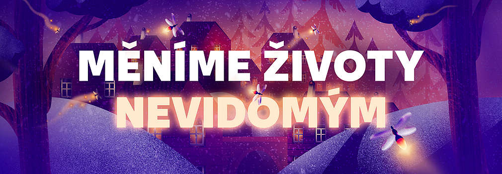 Motiv se světluškami a text Měníme životy nevidomým