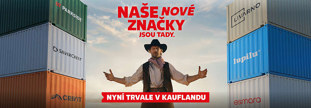 Kovboj uprostřed kontejnerů s novými značkami v Kauflandu (Crivit, Lupilu, Esmara, Livrano, Silvercrest)