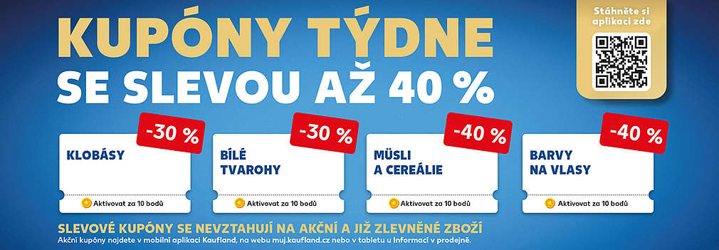 Kupóny týdne se slevou až 40 % (klobásy -30 %, bílé tvarohy -30 %, musli a cereálie -40 %, barvy na vlasy -40 %) slevové kupóny se nevztahují na akční a již zlevněné zboží.