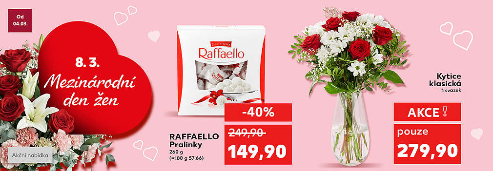 Mezinárodní den žen: Raffaello Pralinky 260 g se slevou -40 % za 149,90 Kč a Kytice klasická 1 svazek v akci pouze za 279,90 Kč
