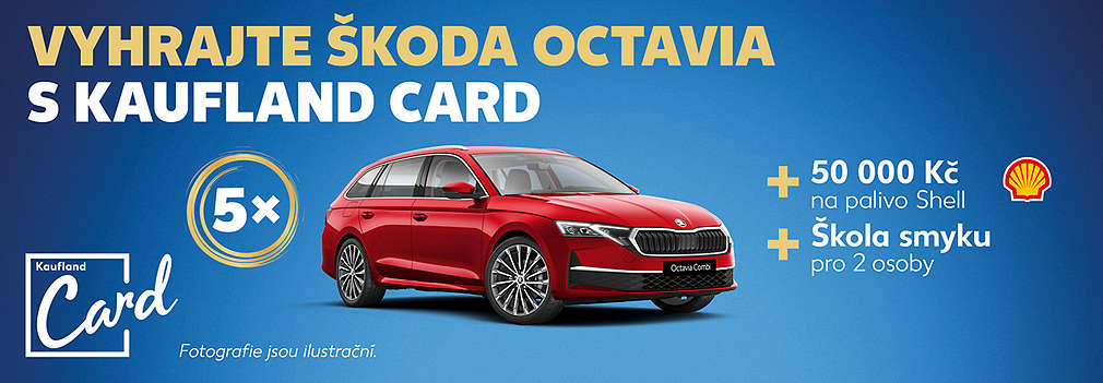 červená Škoda Octavia a text: Vyhrajte Škoda Octavia s Kaufland Card, školu smyku a tankovací kartu v hodnotě 50 tisíc Kč u Shell