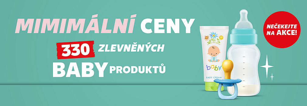 dudlík, dětský krém, lahvička a text: mimimální ceny pro baby produkty