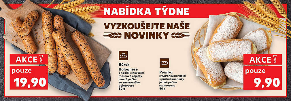 Pečivo - nabídka týdne: Peřinka s tvarohovou náplní s příchutí meruňky za 9,90 / Búrek Bolognese s náplní s hovězím masem a rajčaty za 19,90