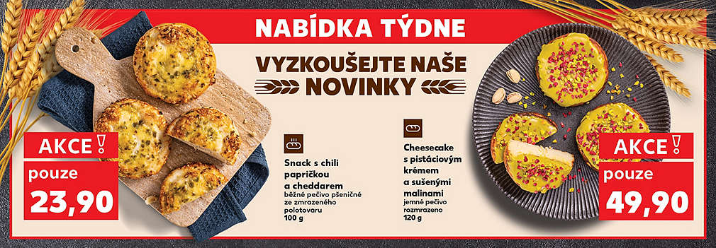 Nabídka týdne pečivo: Snack s chili papričkou a cheddarem běžné pečivo pšeničné ze zmrazeného polotovaru 100 g v akci pouze za 23,90 Kč a Cheesecake s pistáciovým krémem a sušenými malinami jemné pečivo rozmrazeno 120 g pouze za 49,90 Kč