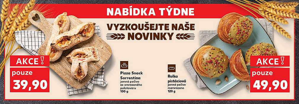 Nabídka týdne pečivo: Rolka pistáciová jemné pečivo rozmrazeno 120 g v akci pouze za 49,90 Kč a Pizza Snack Sorrentina jemné pečivo ze zmrazeného polotovaru 100 g v akci pouze za 39,90 Kč