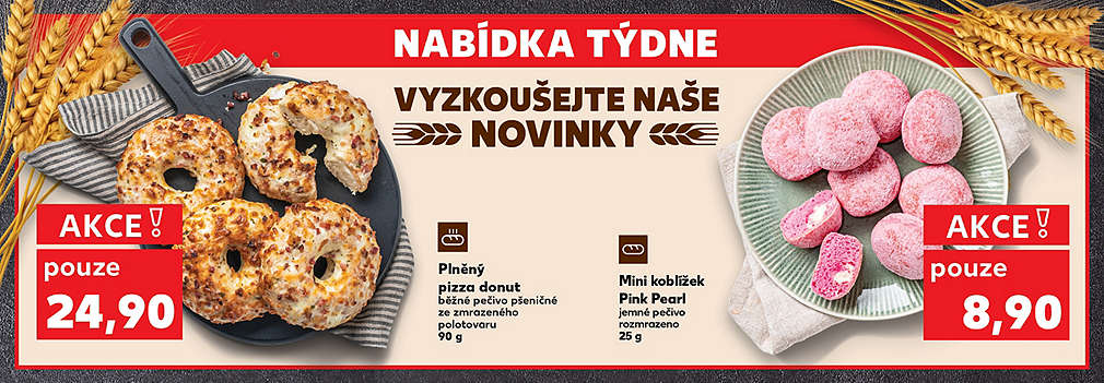 Nabídka týdne pečivo: Mini koblížek Pink Pearl jemné pečivo rozmrazeno 25 g v akci pouze za 8,90 Kč a Plněný pizza donut běžné pečivo pšeničné ze zmrazeného polotovaru 90 g v akci pouze za 24,90 Kč